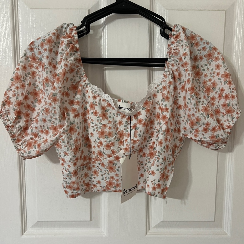 Chic Floral Puff Sleeve Crop Top - White and Orange